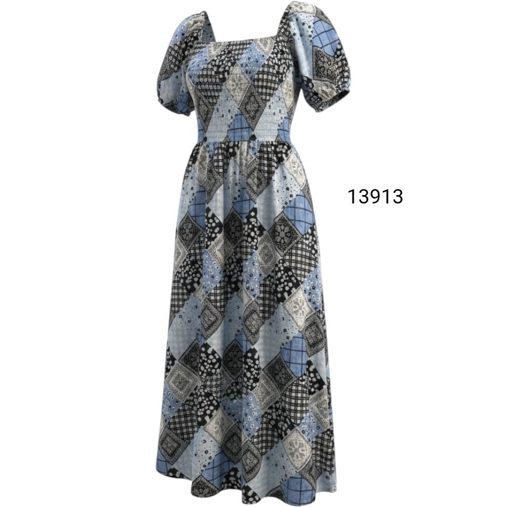 Tommy Hilfiger Fit & Flare Dress Women Large Multi Patchwork Smocked Square Neck
